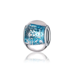 Perle en verre transparente avec paillettes bleues et anneaux en métal argenté
