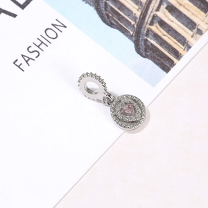 Pink heart-shaped bead charm with silver pavé crystals for DIY necklaces and bracelets