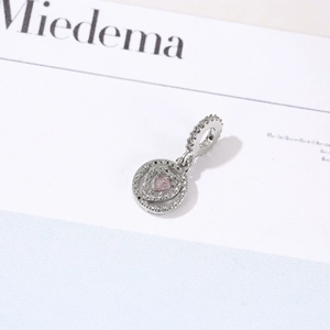 Pink heart crystal pendant in 925 sterling silver with sparkling cubic zirconia accents