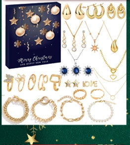 Detailoverzicht van 19 sieraden waaronder kettingen en ringen uit de adventskalender