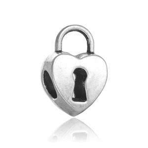 Antique silver heart lock charm bead for DIY bracelets with detailed vintage engraving
