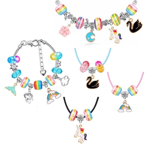 Unicorn DIY charm bracelet and necklace set with rainbow crystal beads for kids gifts