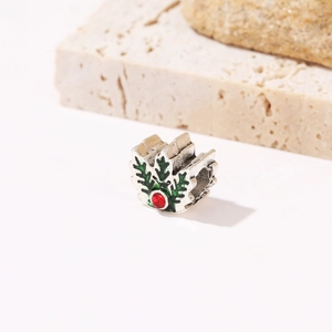 Kersthulstblad bedeltje met groen emaille en rood kristal voor DIY-armbanden