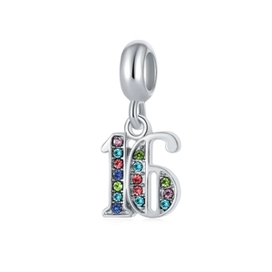 Polished silver number 16 charm pendant with vibrant multi-colored inlaid crystals