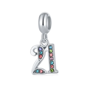 Polished silver charm number 21 with colorful crystals for DIY bracelets or necklaces
