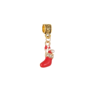 Pendentif botte de Noël en émail rouge avec perles et strass sur perle dorée