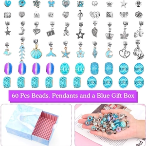 60pcs DIY ocean animal charm jewelry set with blue gift box and silver enamel beads