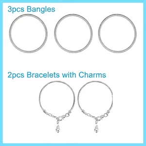 DIY jewelry set featuring three silver bangles and two heart pendant snake chain bracelets