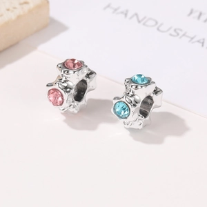 Silver spacers with pink and sky blue zircon stones for DIY charm bracelets