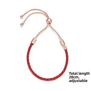 Adjustable 28cm red woven leather cord bracelet with rose gold snake chain and slider buckle