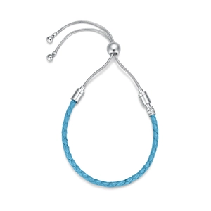 Detail of adjustable blue braided leather cord bracelet with silver snake chain and slide clasp