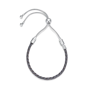 Detail of adjustable gray braided leather cord and silver snake chain bracelet