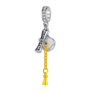 Sterling silver graduation charm with scroll and cap featuring sparkling zircon stones