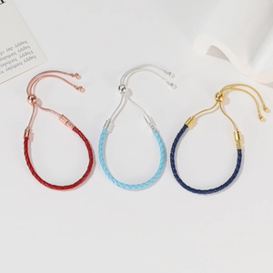 Adjustable woven leather bracelets with metallic slide clasps in multiple colors