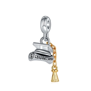 Two-tone silver and gold graduation charm with mortarboard cap and diploma scroll