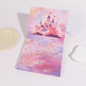 Roségouden adventskalender met droomkasteel illustratie en 24 genummerde datumvakken