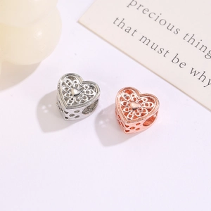 Cuentas de corazón hueco en oro rosa y plata para pulseras y collares de bricolaje