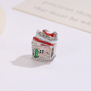 Christmas candy house charm bead for bracelets with red enamel roof and green tree detail