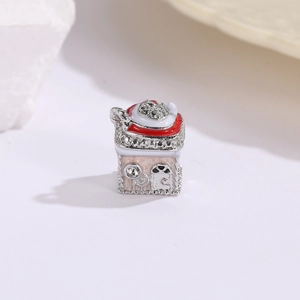 Christmas candy house charm bead in silver and red enamel with sparkling crystals