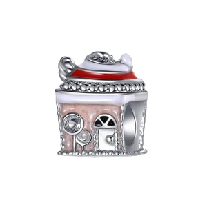Christmas candy house charm bead in silver with pink enamel for DIY bracelet making