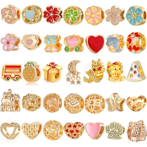 DIY Gold Alloy Charms For Bracelet Enamel Flower Heart Beads Jewelry Making Accessories For Women Girls Assorted Styles