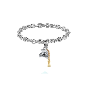 Detailed macro view of graduation cap charm bracelet with engraved graduation pendant