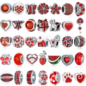 Serie Roja DIY Dijes de Aleación Cuentas Para Creación de Joyas Diamante Imitación Esmalte Corazón Mariposa Flor Estrella