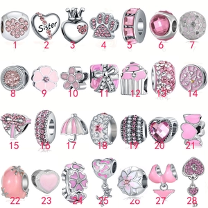 Detaillierter Katalog mit 28 rosa-silbernen DIY-Perlen mit Blumen- und Herzformen