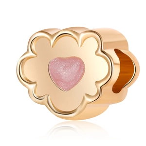 Golden flower charm with pink glitter heart center for DIY bracelet and necklace jewelry