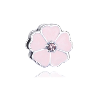 Silberner Blumen-Charm mit rosa Emaille-Blüten und Zirkonia für DIY-Armbänder