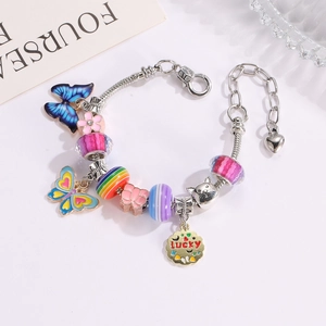 Bracelet à breloques DIY coloré avec papillons et pendentif Lucky pour filles