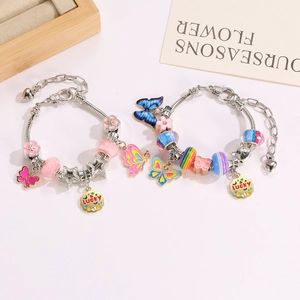 Bracelet à Breloques Papillon Mignon DIY Perles Colorées Bracelet Chaîne Serpent en Alliage pour Filles Femmes Cadeau d'Anniversaire