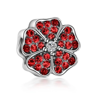 Elegante cuenta de flor plateada con circonitas rojas para creación de joyas DIY
