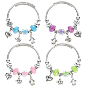 Set of four colorful beaded charm bracelets with silver elastic bands and cute pendants