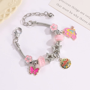 Bracelet à breloques papillon coloré avec fleurs en émail rose et pendentif lucky pour fille