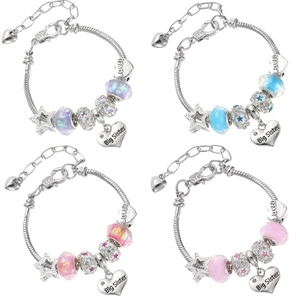 Colorful beaded charm bracelets with Big Sister heart pendants in four vibrant colors