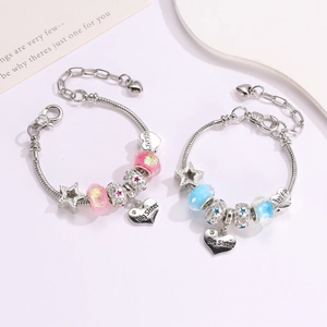 Alloy Charm Bracelet For Women Girls Silver Snake Chain Beaded Heart Star Pendant Big Middle Little Sister Bracelet Jewelry