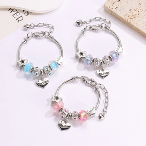 Colorful beaded sister charm bracelets with Big Sister heart pendants in blue purple pink