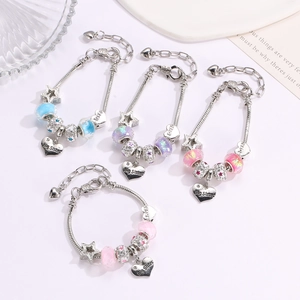 DIY colorful bead bracelet set with heart charms engraved with big sister on silver chain