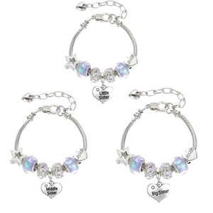 Three sisters beaded bracelets set with purple glass beads and heart charms for gifts