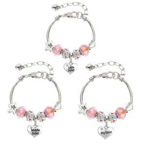 Detailed set of three beaded sister bracelets with heart-shaped identity charms in pink silver