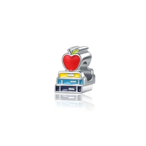 Detail of apple and books charm for bracelet, featuring red enamel and silver stack
