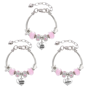 Three-piece sister beaded bracelet set with Little Middle Big heart pendants