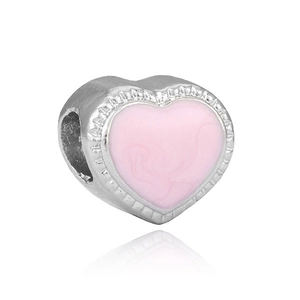 Charm de corazón de plata pulida con esmalte rosa para pulseras y collares DIY