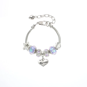 Detail of beaded snake chain bracelet with purple glass beads and sister heart charms