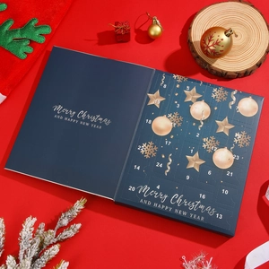 Calendrier de l'avent bleu avec 24 fenêtres dorées pour bijoux et cadeaux de Noël