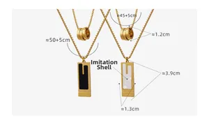 Detail view of double-layer titanium steel necklaces with black and shell rectangle pendants