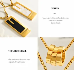 Detail of 18K gold plated titanium necklaces with shell rectangle and triple ring pendants