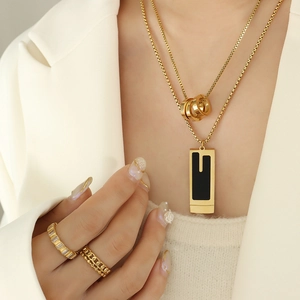 Minimalist Stainless Steel Layered Necklace For Women Gold Plated Triple Interlocking Rings And Rectangular Shell Inlay Pendant Chain Jewelry