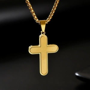 Classic gold stainless steel cross pendant necklace with a durable box chain for men